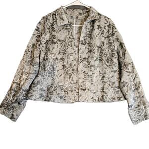 Chico's Jacket Women Sz 2 US Large Gray Metallic Textured Jacquard Open Art Wear